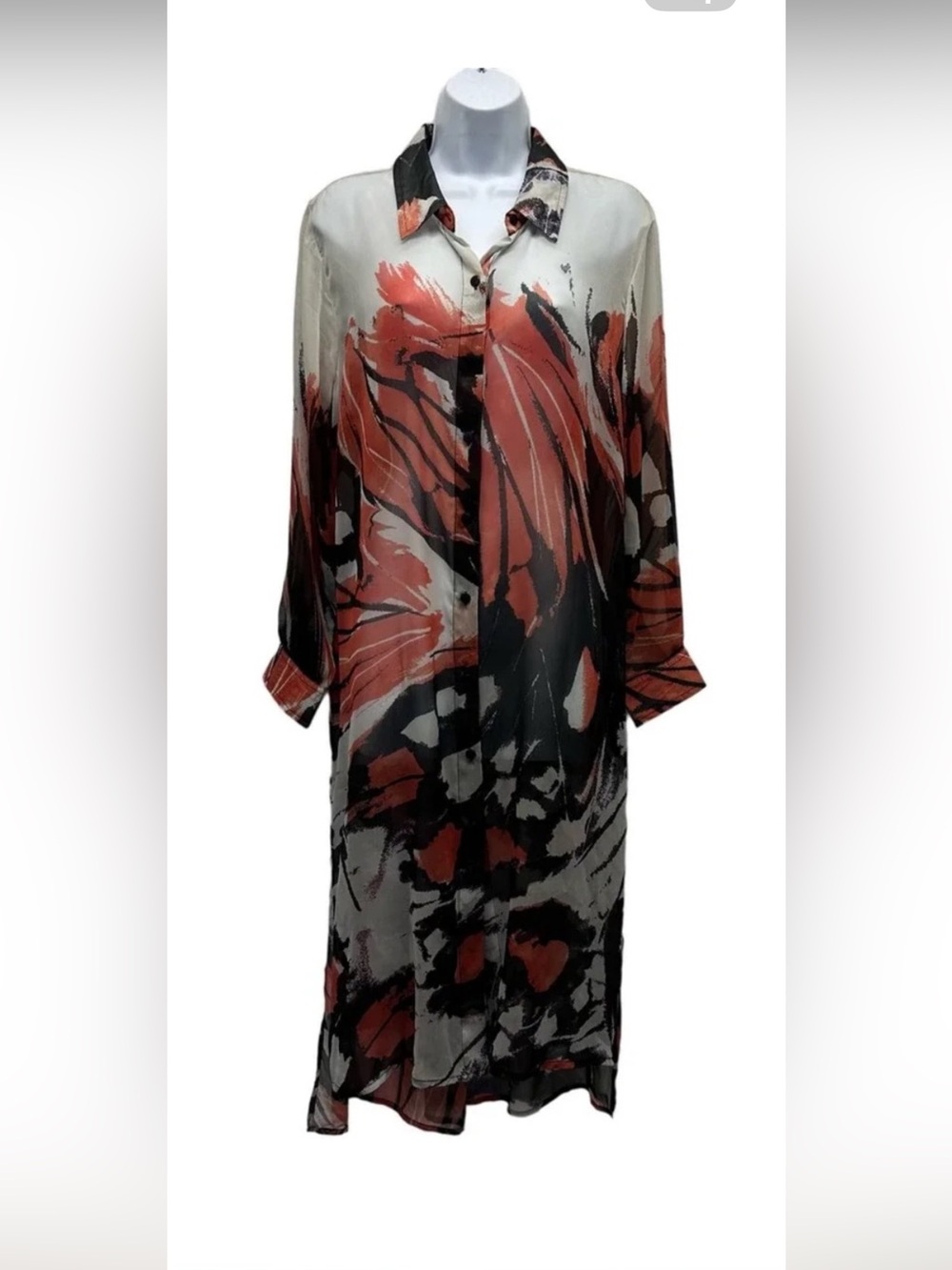 Liverpool Sheer Duster. Long Button-Front Floral Print, Rust & Black on Cream